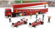 Brekina plastový Fiat 691 T Truck Car Transporter Assistance so 6x figúrkami + 2x F1 Ferrari 312t2 N 11 Majster sveta Niki Lauda + N 12 Carlos Reutemann Sezóna 1977 1:87 červená