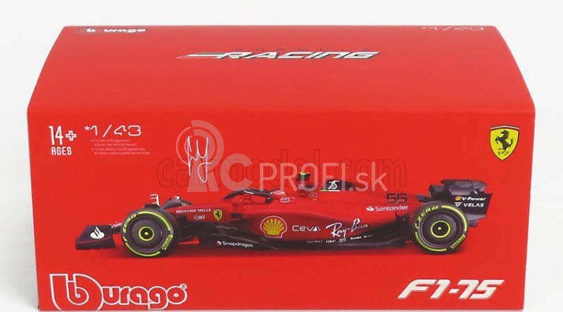 Bburago Ferrari F1-75 Scuderia Ferrari N 55 Sezóna 2022 Carlos Sainz s prilbou a plastovou vitrínou - exkluzívny model auta 1:43 červený
