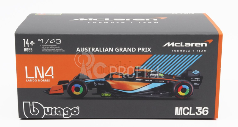 Bburago Mclaren F1 Mcl36 Mercedes Team Mclaren N 4 Australian Gp 2022 Lando Norris - s prilbou a plastovou vitrínou 1:43 oranžová svetlo modrá