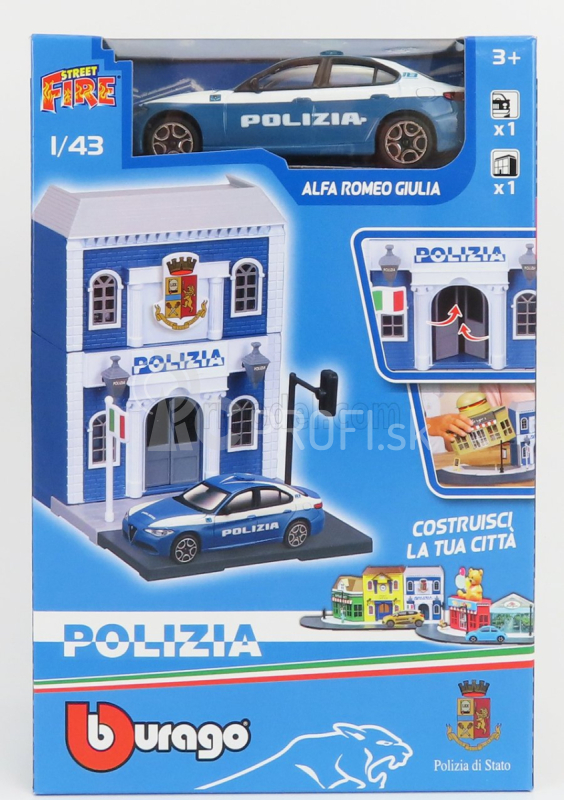 Bburago Príslušenstvo Dioráma - Set Postav si svoju mestskú policajnú stanicu - Caserma Polizia - s Alfa Romeo Giulia 2015 1:43 Light Blue White