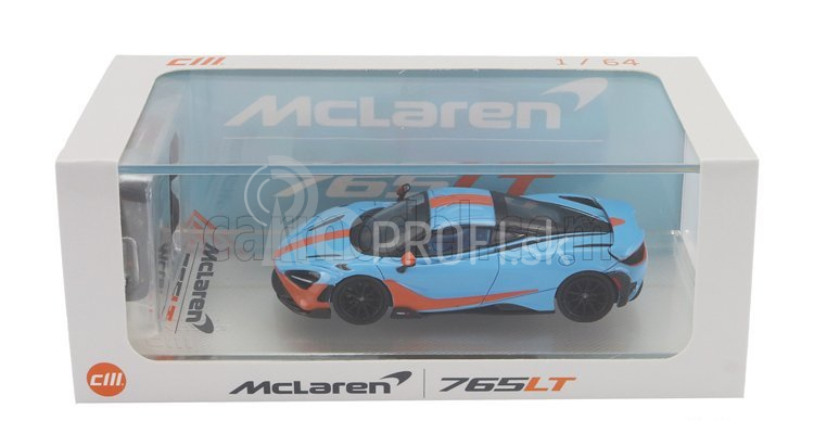 Cm-models Mclaren 765lt so závodnou sadou kolies 2020 1:64 svetlo modrá oranžová