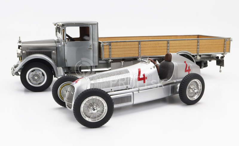 Cmc Mercedes Benz Set 2x Lo2750 plošinový nákladiak s dreveným boxom Car Transporter 1936 + F1 W25 N 4 Monaco Gp 1935 L.fagioli 1:18 Silver Grey Wood