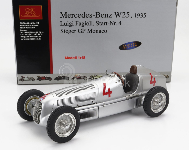 Cmc Mercedes Benz Set 2x Lo2750 plošinový nákladiak s dreveným boxom Car Transporter 1936 + F1 W25 N 4 Monaco Gp 1935 L.fagioli 1:18 Silver Grey Wood