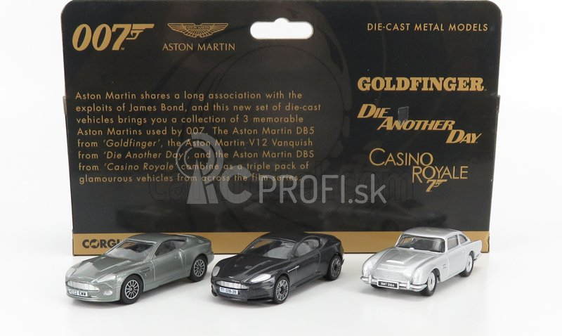 Corgi Aston martin Set 3x 007 James Bond - Db5 1965 Goldfinger - V12 Vanquish Die Another Day La Morte Puo' Attendere - Dbs 2008 Casino Royale 1:50 Grey Silver