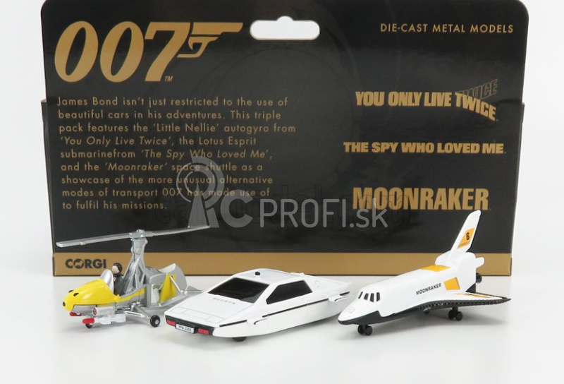 Corgi Lotus Set 007 James Bond - Esprit 1977 - The Spy Who Loved Me - La Spia Che Mi Amava - Gyrocopter - Little Nellie 1967 - Helikoptéra You Only Live Twice - Space Shuttle - Moonraker 1:50 White Yellow