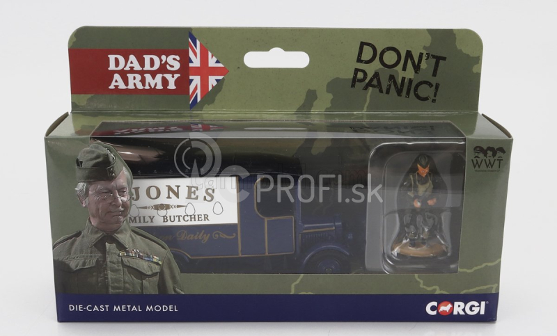 Corgi Thornycroft Van s vojenskou figúrkou pána Jonesa - Dad's Army - Don't Panic 1:36 Military Blue