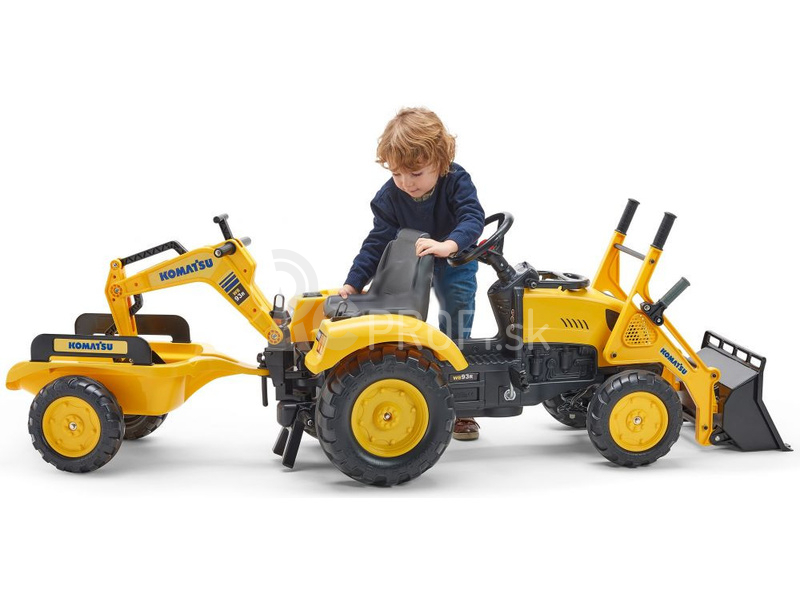 FALK – Šliapací traktor Komatsu s nakladačom, rýpadlom a vlečkou