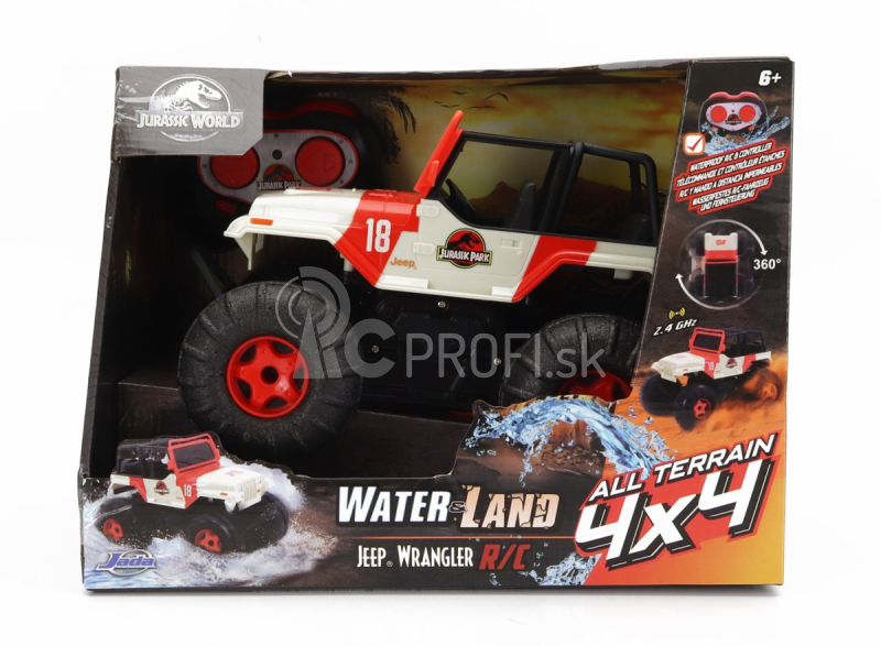 Jada Jeep Wrangler Sea And Water Land Open 2015 - Jurský svet 1:16 Bielo-červená