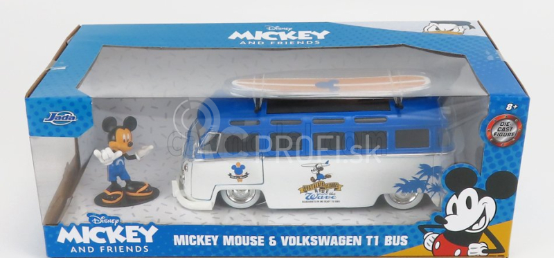 Jada Volkswagen T1 Samba Minibus 1962 - s figúrkou Topolino Mickey Mouse - Walt Disney 1:24 bielo-modrá