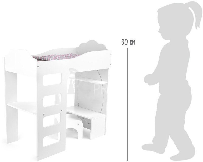 Malá vysoká posteľ pre bábiky so stolíkom biela