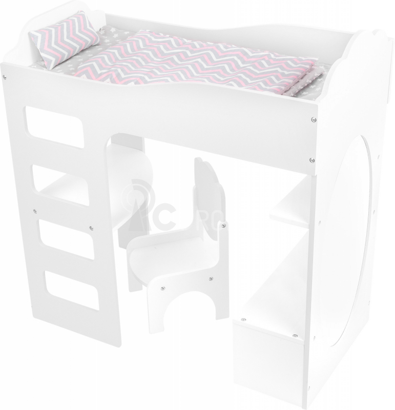 Malá vysoká posteľ pre bábiky so stolíkom biela