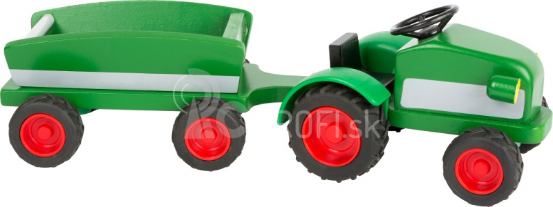 Malý nožný drevený traktor s vlečkou zelenej farby
