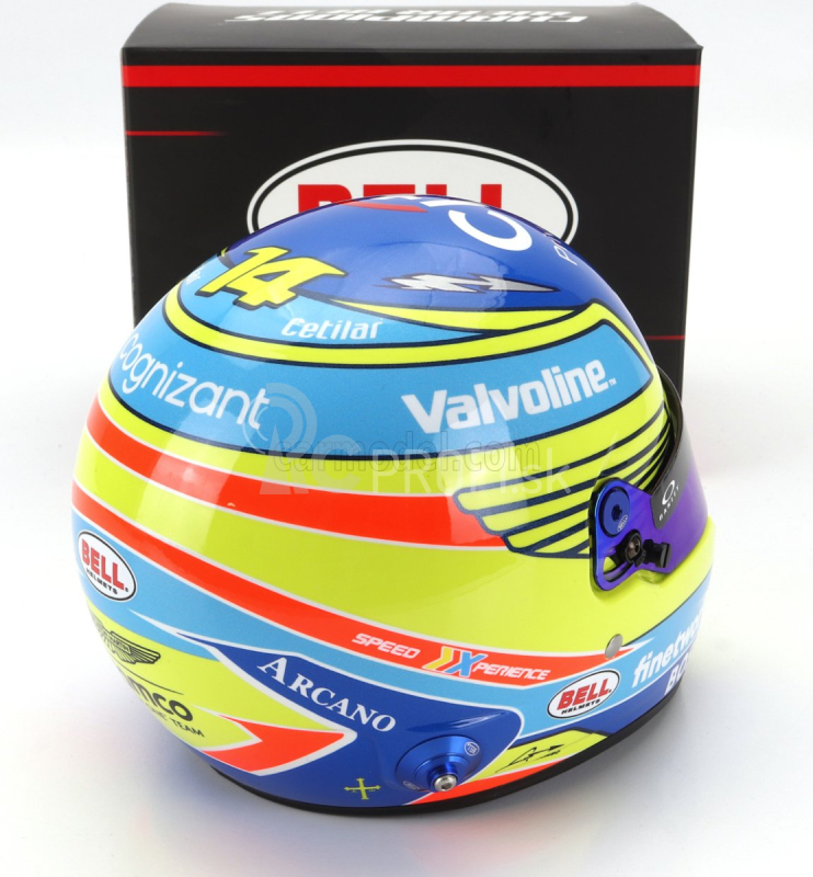 Mini helma Bell helma Casco helma Casco helma F1 Fernando Alonso Team Aston Martin Aramco Cognizant N 14 Sezóna 2024 1:2 Žltá Modrá