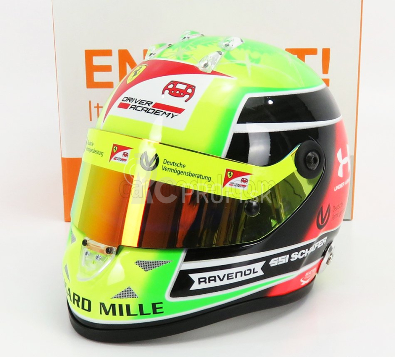 Mini prilba Schuberth prilba F2 Casco Prilba Dallara Team Prema Racing N 20 Sezóna Mick Schumacher 2020 Majster sveta F2 1:2 Žltá zelená červená čierna