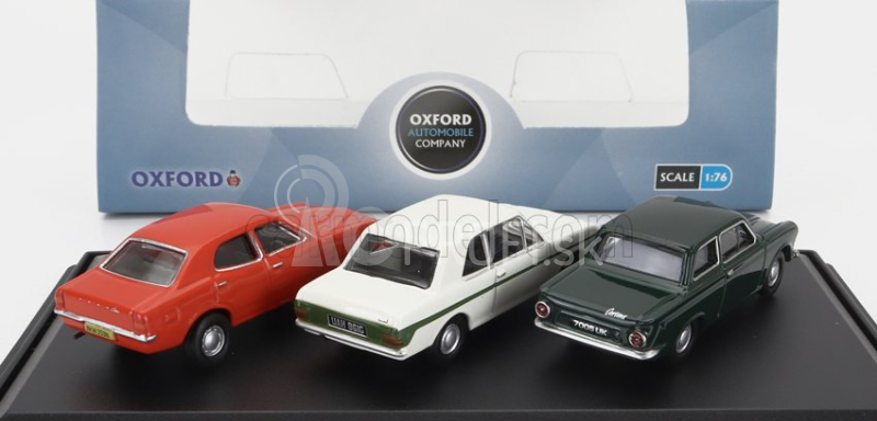 Oxford-models Ford england Set 3x Cortina Mki 1962 - Mkii 1967 - Mkiii 1973 1:76 Zelená Biela Oranžová