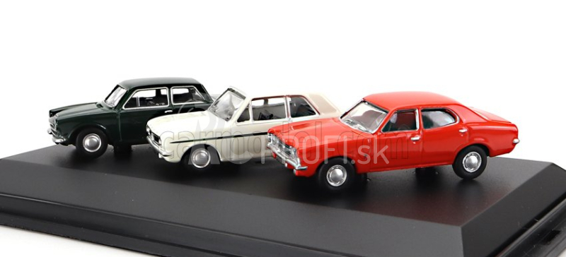 Oxford-models Ford england Set 3x Cortina Mki 1962 - Mkii 1967 - Mkiii 1973 1:76 Zelená Biela Oranžová
