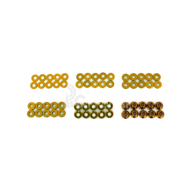 Sada 4 mm zlatých podložiek (6 mm/8 mm/10 mm/10 mm/12 mm/14 mm) plus matica M4 v plastovej škatuľke