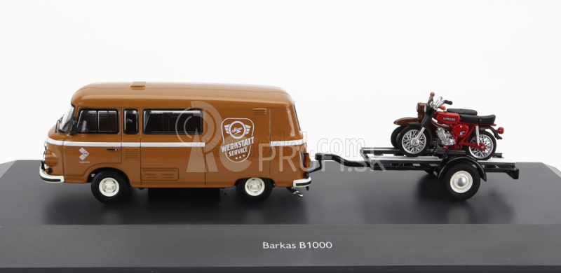 Schuco Barkas B1000 Van Werkstatt Service 1965 s prívesom + 2x motocykel 1:43 svetlohnedý