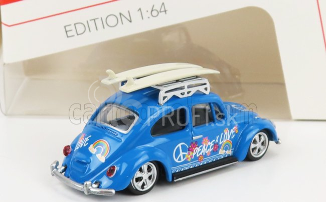 Schuco Volkswagen Beetle Kafer Maggiolino so surfovacím doskou Peace & Love 1955 1:64 Svetlomodrá