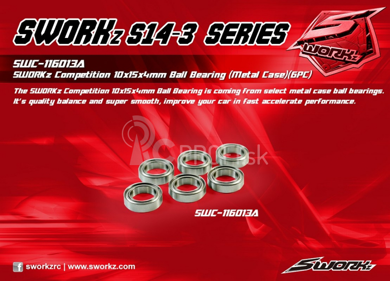 SWORKz Competition Profesionálne guľôčkové ložiská 10x15x4mm, kovové prachové krytky, 6 ks.