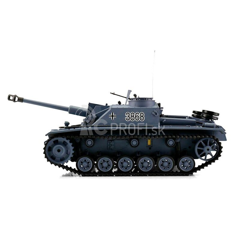 TORRO tank 1/16 RC Sturmgeschütz III, vyhotovenie G, sivá kamufláž – BB Airsoft (kovové pásy)