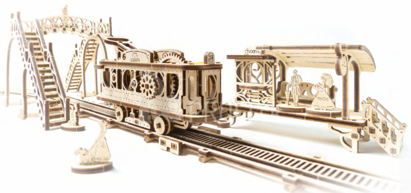 Ugears 3D drevené mechanické puzzle Mechanická mestská električka