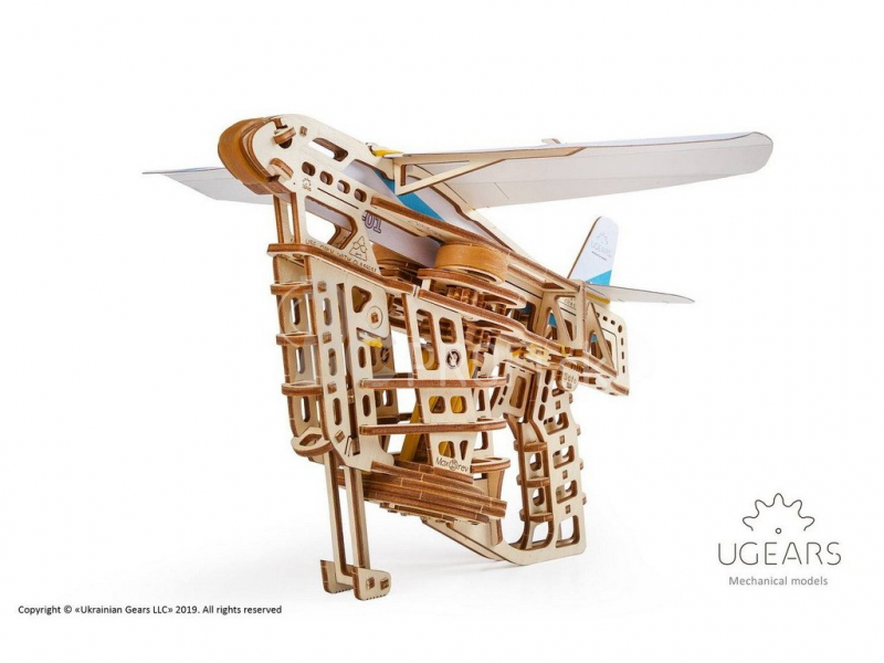 Ugears 3D drevené mechanické puzzle vystreľovacie lietadlo