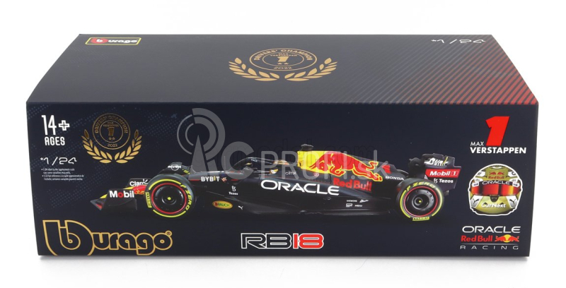 Bburago Red bull F1 Rb18 Team Oracle Red Bull Racing N 1 Majster sveta sezóna 2022 Max Verstappen - s pilotom a vitrínou 1:24 Matná modrá žltá červená